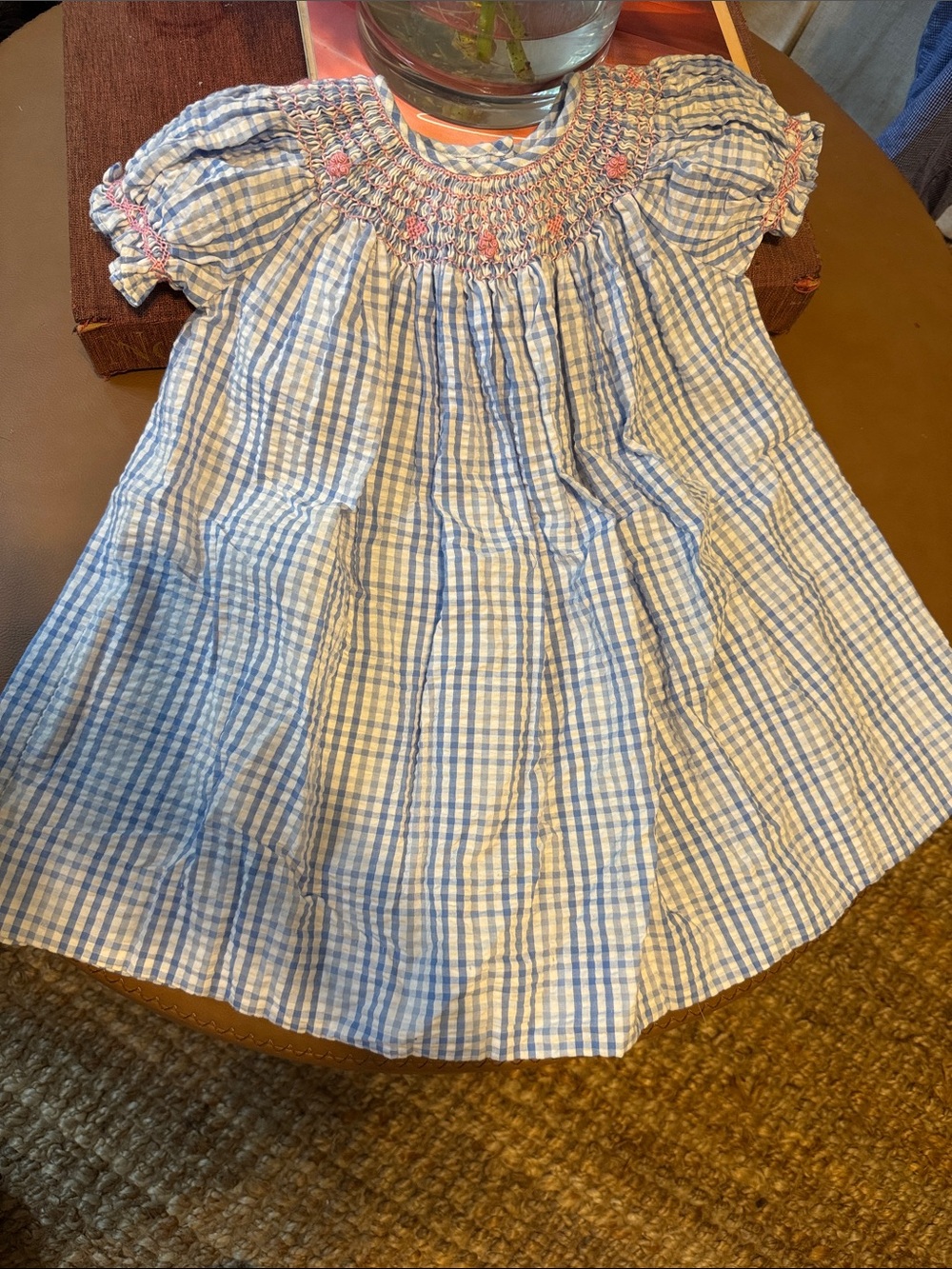 Blue and White Gingham Smocked Kids Dress with Pink Embroidery